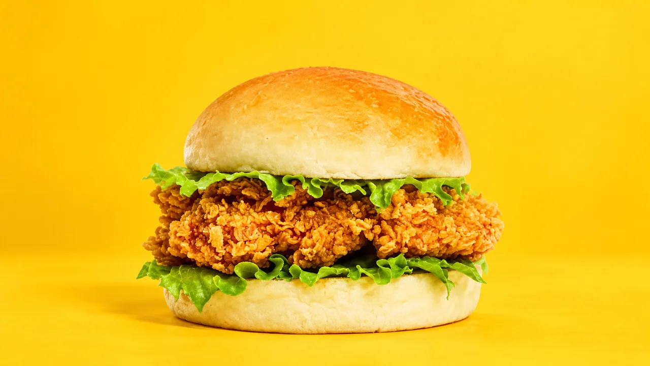 黄色い背景に、クリスピーチキンとレタスを挟んだバーガーの生成イメージ